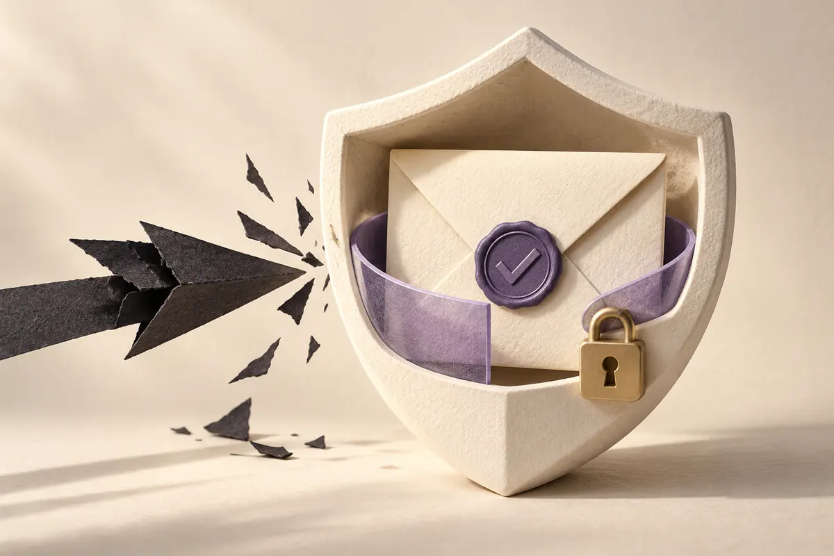 A physical envelope inside a protective ceramic shield with a small lock, an approval stamp and a stray dark paper arrow stopped at the boundary.