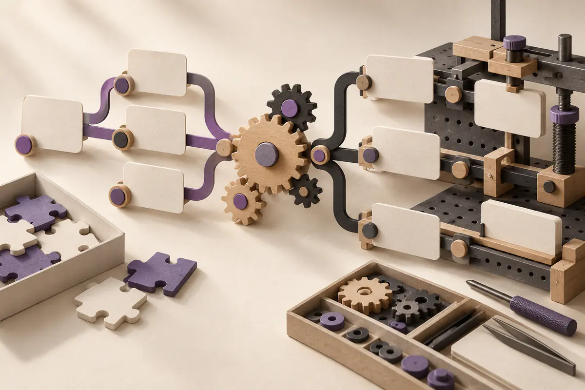A modular toolkit of interlocking wooden gears and blank paper task blocks arranged into a branching workflow, one side simple puzzle pieces and the other a precise assembly jig.