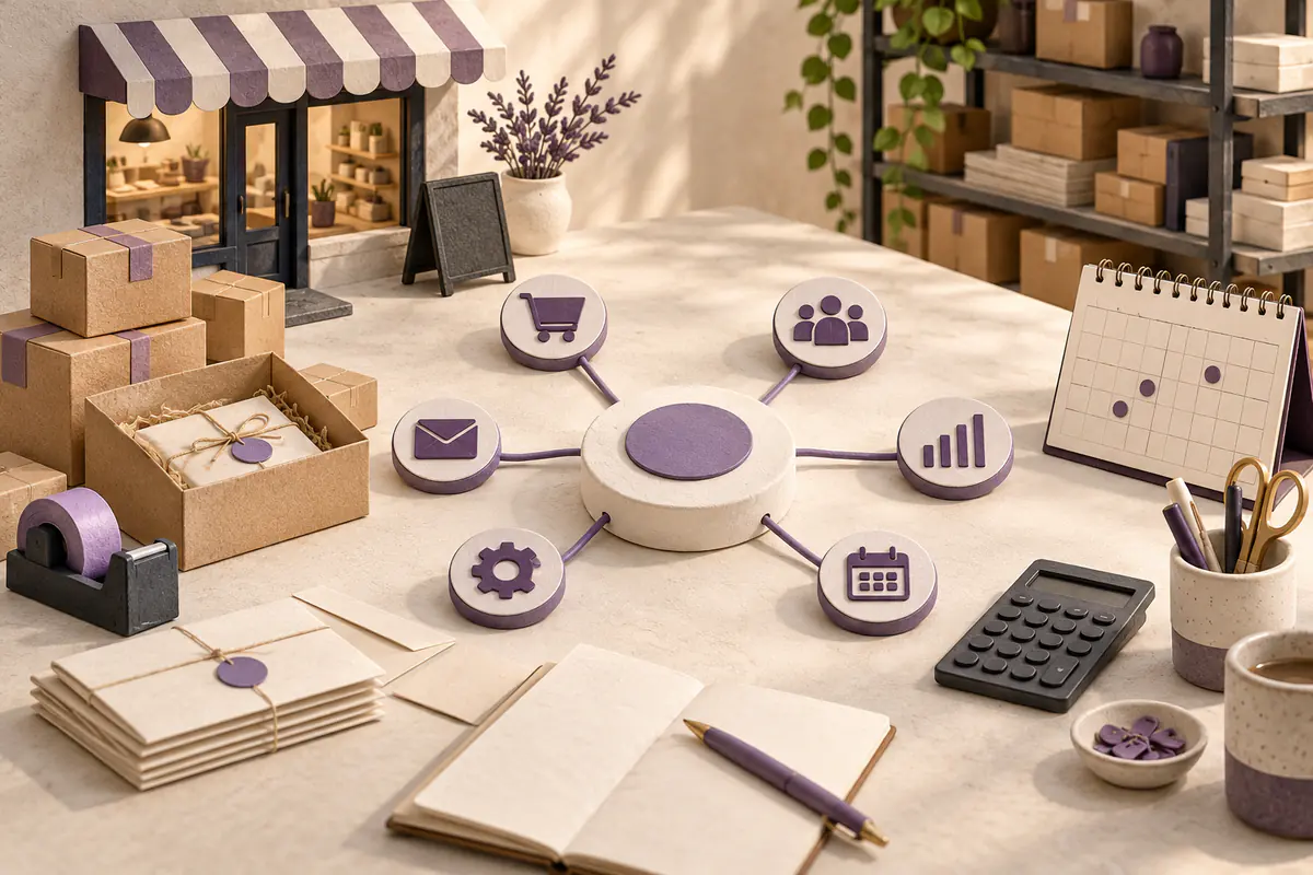 An organized miniature storefront desk connects orders, calendar and business tools to a central task hub.