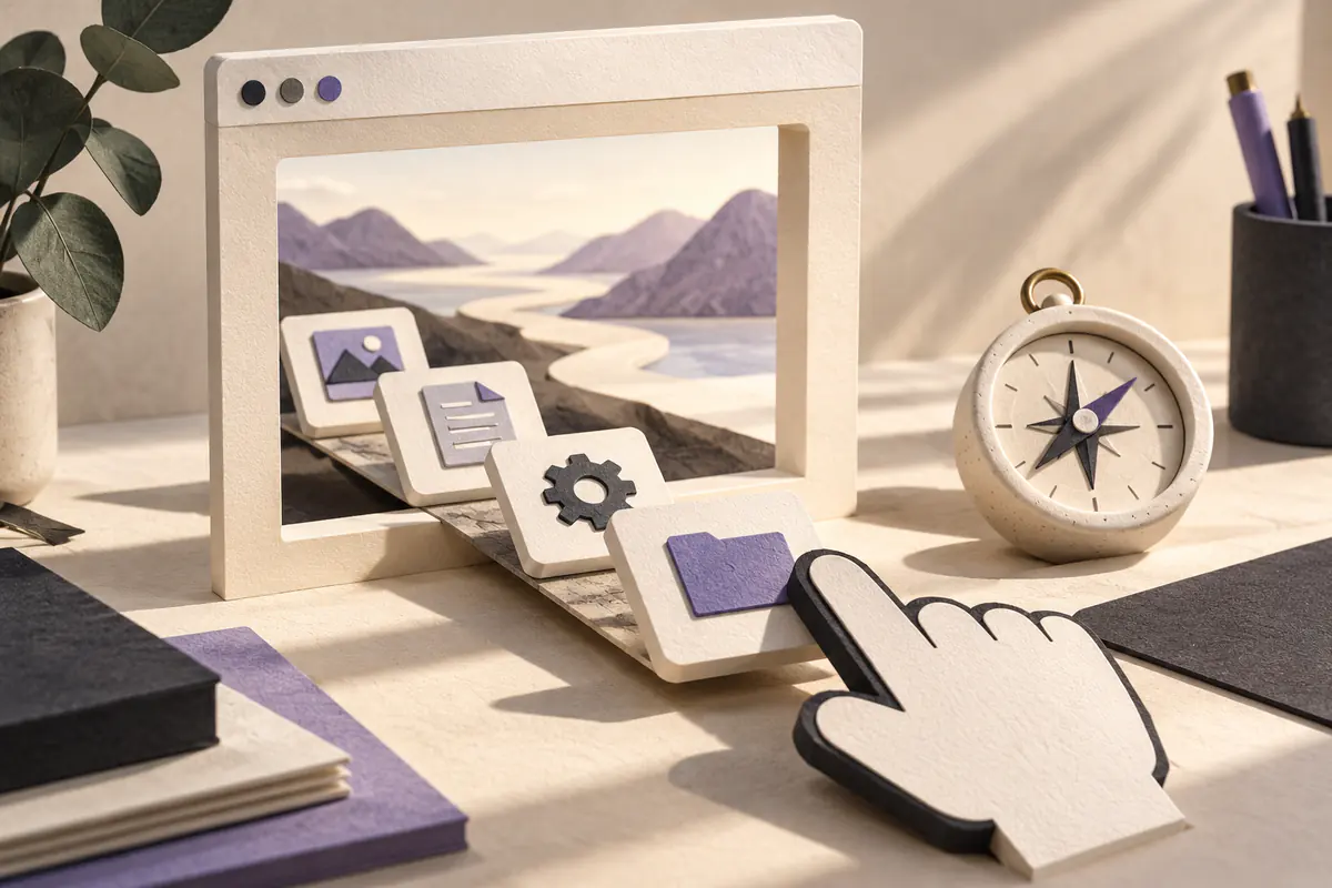 A paper cursor guides task tiles through an open browser-window frame beside a compass.