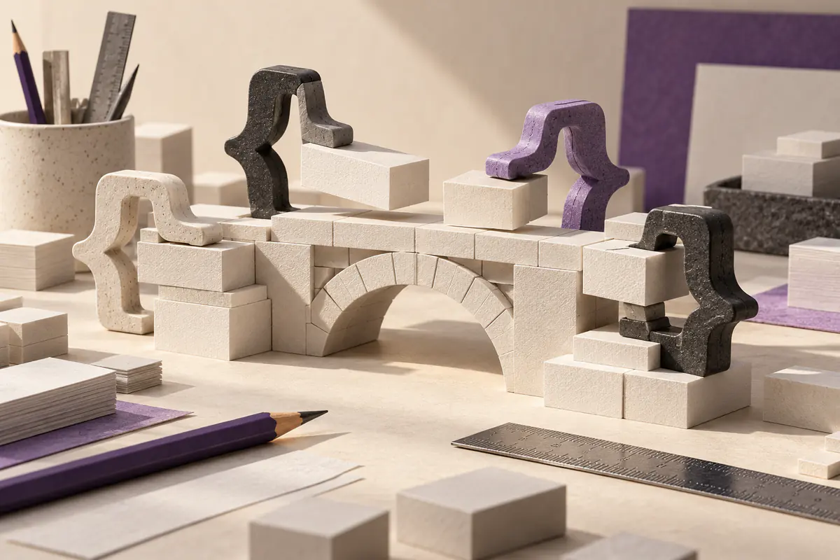 Charcoal and violet bracket sculptures form a coding workshop around a miniature bridge and measuring tools.