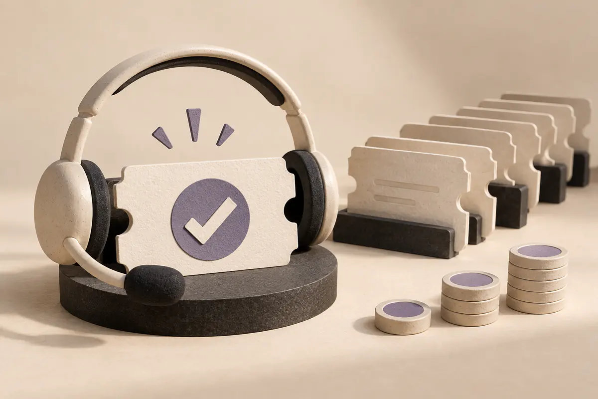 A support headset surrounds a resolved ticket beside queued support cards and cost tokens.