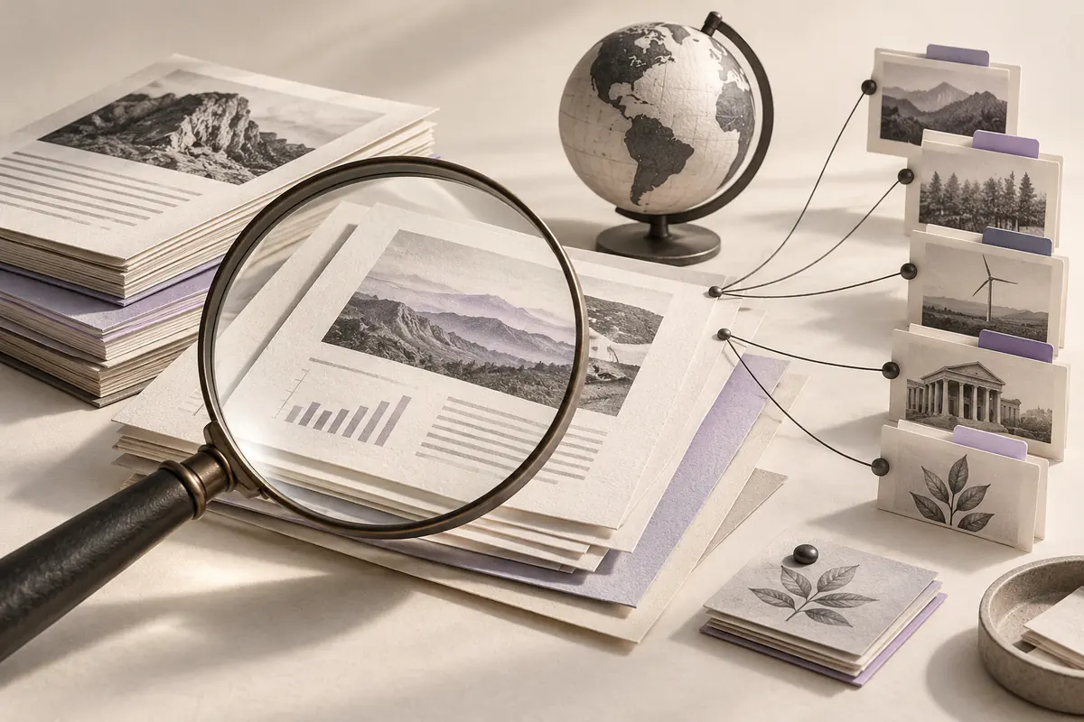 A magnifying glass examines research papers connected to source cards beside a globe.