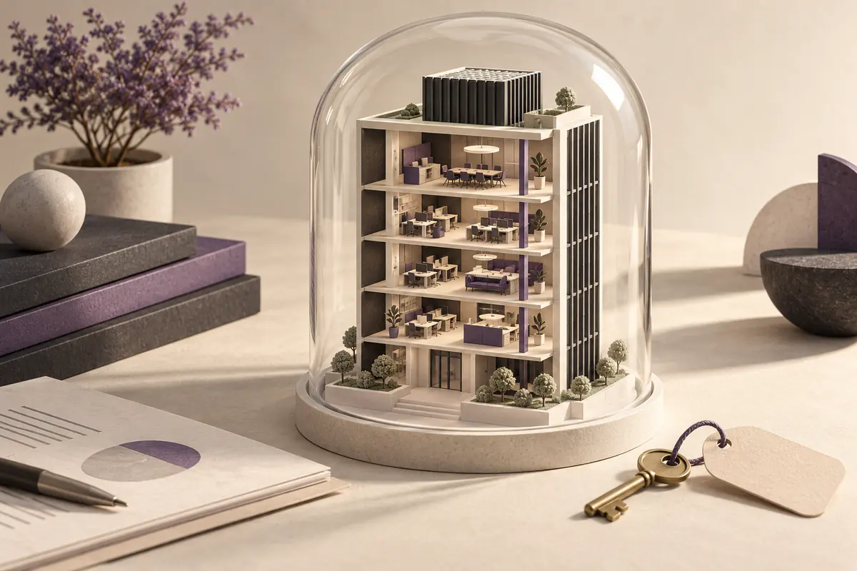 A miniature office tower stands protected beneath a glass dome beside a key and blank price tag.