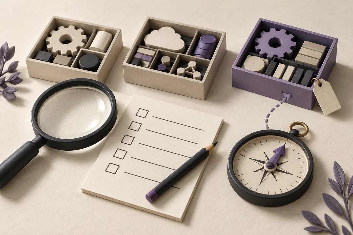 A magnifying glass and a blank checklist beside three distinct modular toolkits, a compass pointing toward one carefully selected kit with a small price tag.