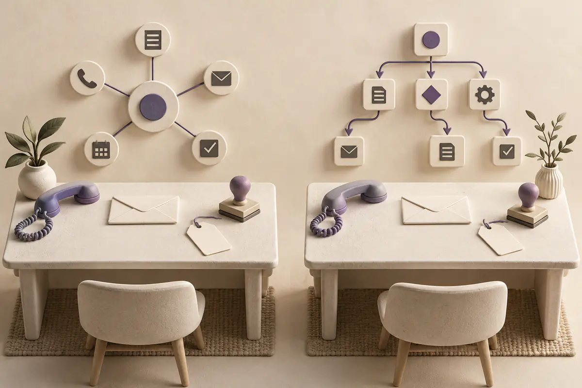 Two equally sized ceramic desks in balanced comparison, each with a phone handset, envelope, blank pricing tags and a small approval stamp, one connected task hub and one branching workflow.