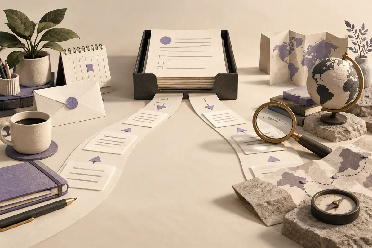 A central brief in an open tray with two diverging paper paths, one through a personal desk of envelope and calendar objects, the other through a magnifier and miniature globe, comparing delegation approaches.