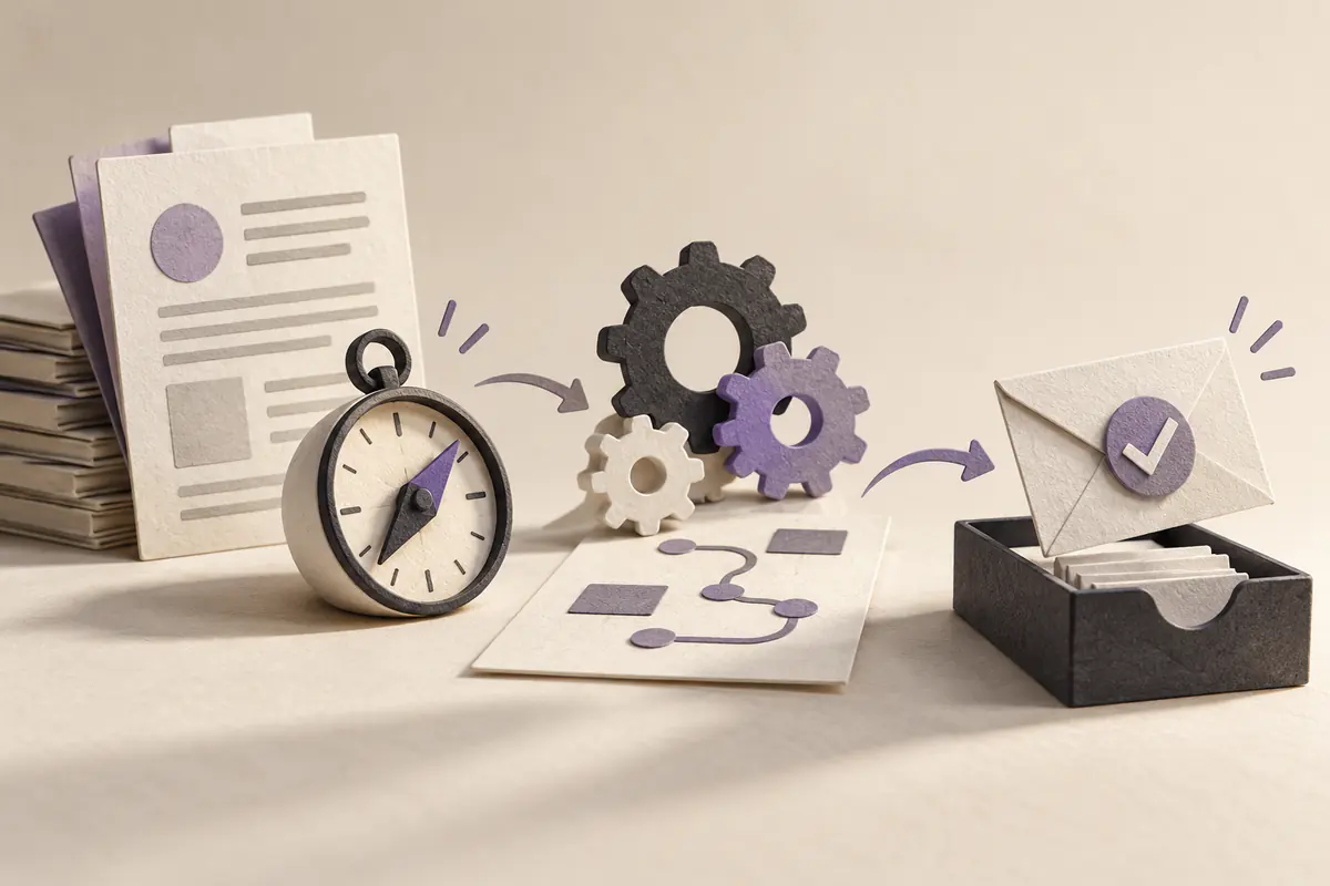 A cut-paper flow of a small compass observing a document, gears planning a sequence, and a checked envelope leaving an outbox, expressing observe-plan-act with no labels.